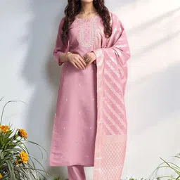 Aaghnya Geometric Embroidered Notch Neck Zari Straight Kurta with Trouser & Dupatta-image-16