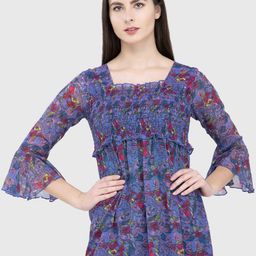 Popwings Women Floral Printed Square Neck Bell Sleeve Chiffon Peplum Top-image-82