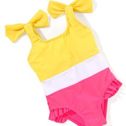 Babyhug Sleeveless V Cut Swimsuit Color Block Print- Yellow & Pink-picture-18