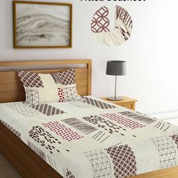 FABINALIV Geometric 210 TC Cotton Blend Fitted Single Bedsheet with Pillow Cover - Cream-image-8
