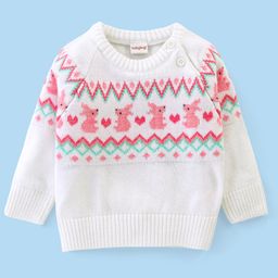 Babyhug Acrylic  Pullover Sweater Rabbit Design - Off White & Pink-image-1