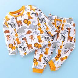 Babyhug Cotton Single Jersey Knit Full Sleeves Night Suit Lion Print - White-image-91