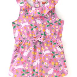 Babyhug  Cotton Jersey Knit Sleeveless Jumpsuit Floral Print & Bow Applique  - Pink-image-76