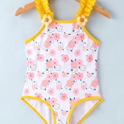 Kookie Kids  Sleeveless V Cut Swimsuit with Floral Print & Applique -  White-image-32