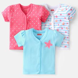 Babyhug 100% Cotton Interlock Half sleeves Front Open Vest Star Print Pack of 3- Blue & Pink-image-13