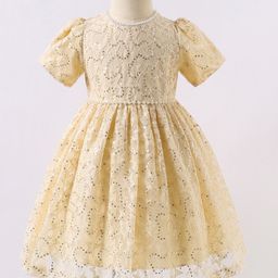 Kookie Kids Half Sleeves Party Frock with Pearl & Sequin Detailing with Star Embroidery - Beige-image-57