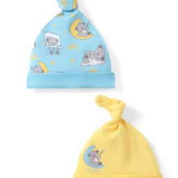 Babyhug 100% Cotton Cap With Bear Print Pack of 2 - Blue & Yellow-image-76