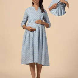 CRAFIQA Three Fourth Sleeves Abstract Printed Maternity Dress With Concealed Zipper Nursing Access - Baby Blue-picture-29