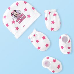 Babyhug Disney Cotton Knit Cap Mittens & Booties Set with Star & Minnie Mouse Graphic - White-picture-8