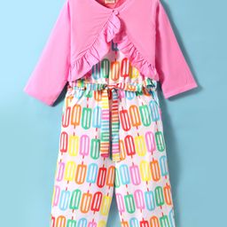 Twetoons Woven Printed Jumpsuit & Full Sleeves Shrug With Frill Detailing - Pink-image-4