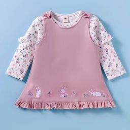 ToffyHouse 100% Cotton Knit Full Sleeves Animal & Bunny Printed Top with Embroidered Dress - Pink-picture-17