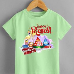 KNITROOT Diwali Theme Half Sleeves Happy Diwali Text Printed Tee - Green-picture-24