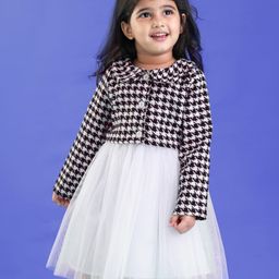 Babyhug Woven Party Dress & Full Sleeves Checks Shrug With Peter Pan Collar & Bow Applique - White & Black-image-94