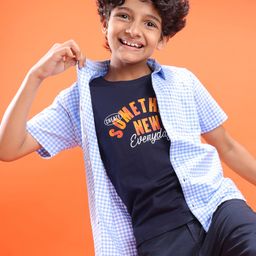 Pine Kids Cotton Woven Half Sleeves Checkered Shirt with Text Printed T-Shirt - Blue-image-53