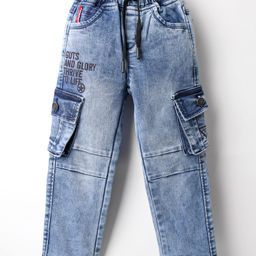 Olio Kids Denim Woven Full Length Jeans With Cargo Pockets & Text Print - Blue-picture-35