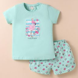 CUCUMBER Sinker Knit Half Sleeves Shorts Night Suit with Flamingo & Floral Print - Aqua Blue-image-84