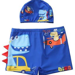 The Mom Store Dinosaur Printed Swim Shorts & Cap Set - Blue-picture-14