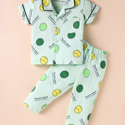 Doreme Single Jersey Knit Half Sleeves Night Suit With Tennis Ball Print - Light Green-picture-15