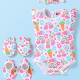 Babyhug 100% Cotton Interlock Knit Sleeveless Onesie with Hair Band Booties & Mittens with Floral & Tropical Print - White & Pink-image-62