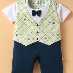 Mini Taurus Cotton Knit Half Sleeves Printed Romper With Bow Applique - Navy Blue-image-18