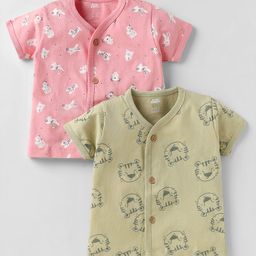 Pink Rabbit Single Jersey Knit Half Sleeves Front Open Jhablas with Animal Print Pack of 2 - Pink & Olive Green-picture-11