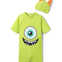 KIDLINGSS Half Sleeeves Monster Face Printed Legged Swimsuit With Cap - Neon Green-image-62