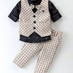 Dapper Dudes Full Sleeves Abstract Printed Shirt With Waistcoat Pant & Bow Set - Fawn-image-90