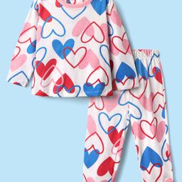 Babyhug Cotton Knit Full Sleeves Co-ords Night Suit With Heart Print - Pink-image-88