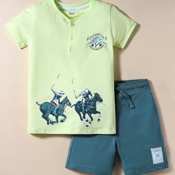 CUCUMBER Sinker Knit Half Sleeves Henley Neck T-Shirt & Shorts Set With Polo Print - Neon Green & Blue-image-75