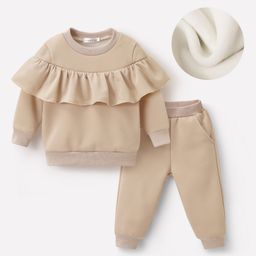 Mark & Mia Full Sleeves Solid Color Winter Wear Sweatshirt & Lounge Pant Set with Frill Detailing - Beige-picture-1
