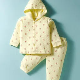 Tango Knit Full Sleeves Front Open Hooded Co-ord Winter Night Suit With Bear Print - Lemon-picture-46
