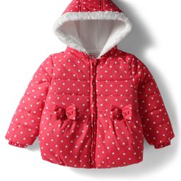 Babyhug Woven Full Sleeves Hooded Padded Jacket With Polka Dot Print & Bow Applique - Red-picture-43