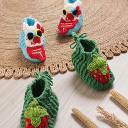 MayRa Knits Hand Knitted Pack Of 2 Strawberry & Kitten Crochet Designed Socks - Blue & Green-picture-18