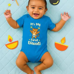 Baby Buzz 100% Cotton Knit Diwali Theme Half Sleeves Its My First Diwali Text Printed Onesie - Blue-picture-5