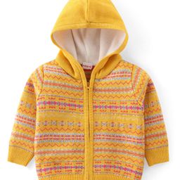 Babyhug Knitted Full Sleeves Front Open Hooded Sweater Set With Aztec Design - Mustard image 2