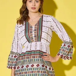 BUY NEW TREND Tribal Print Flared Sleeve Crepe Shirt Style Longline Top-image-28
