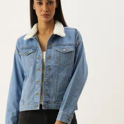 Flying Machine Women Blue Solid Denim Jacket With Faux Fur Detailing-image-20