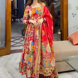 KALINI Women Floral Printed Anarkali Pleated Calf Length Kurta Set-33