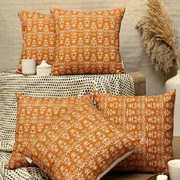 ANWYN Mustard & Cream-Coloured Set of 5 Ethnic Motifs Square Cushion Covers-39