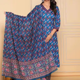 YUSRA Floral Printed V-Neck Straight Kurta with Trousers & Dupatta-50