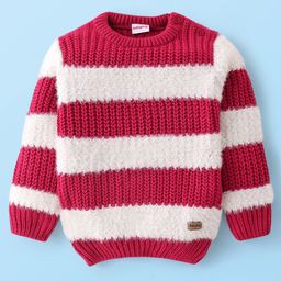 Babyhug Acrylic Knit Full Sleeves Pullover Sweater Striped - White & Fuschia-image-90