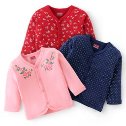 Babyhug 100% Cotton Full Sleeves Front Open Vests Floral & Dot Print Pack of 3- Pink Blue & Red-image-80