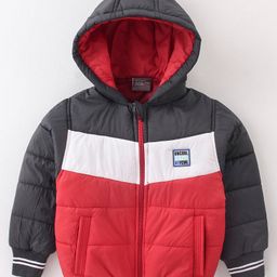 Little Kangaroos Full Sleeves Padded Hooded Winter Jacket Color Block- Red & Black-image-67