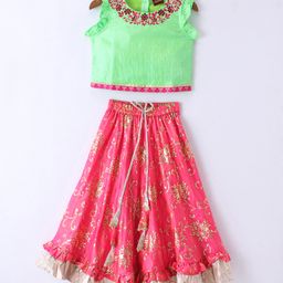 Twisha Sleeveless Floral Embroidered Top With Seamless Foil Printed Ghagra - Green & Coral-image-15