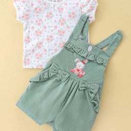 ToffyHouse Bunny Embroidered Dungaree & Half Sleeves Floral Printed T-Shirt Set - Green-image-90