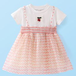 Babyhug Woven Half Sleeves Fit and Flare Party Frock With Cherry Embroidery- White & Orange-image-56