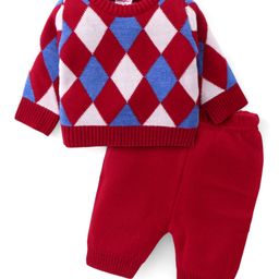 Babyhug Knitted Full Sleeves Pullover Sweater Set With Argyle Design - Red-picture-2