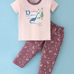Teddy Cotton Half Sleeves Night Suit With Dinosaur Print - Peach-image-71