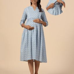 CRAFIQA Three Fourth Sleeves Abstract Printed Maternity Dress With Concealed Zipper Nursing Access - Baby Blue-picture-17
