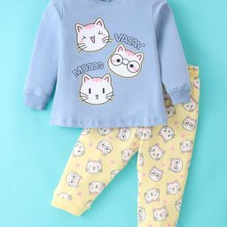 Doreme Single Jersey Knit Full Sleeves Night Suit With Kitty Print - Light Yellow-picture-5